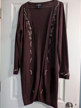 Long Open-Front Embroidered Cardigan in Deep Wine and Cream